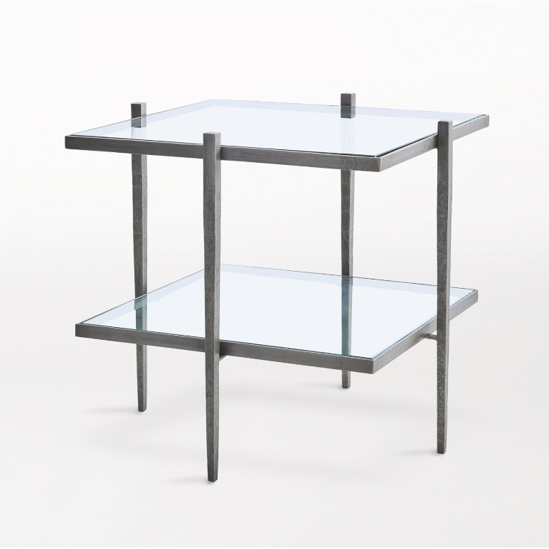 Laforge End Table, shown in gray and gold with metal, glass, and two-tier glass shelves.