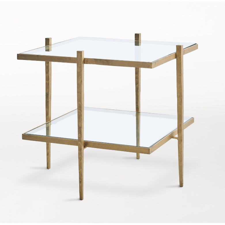 Alternate view of Laforge End Table, featuring brushed finish, metal, glass, and two-tier glass shelves.