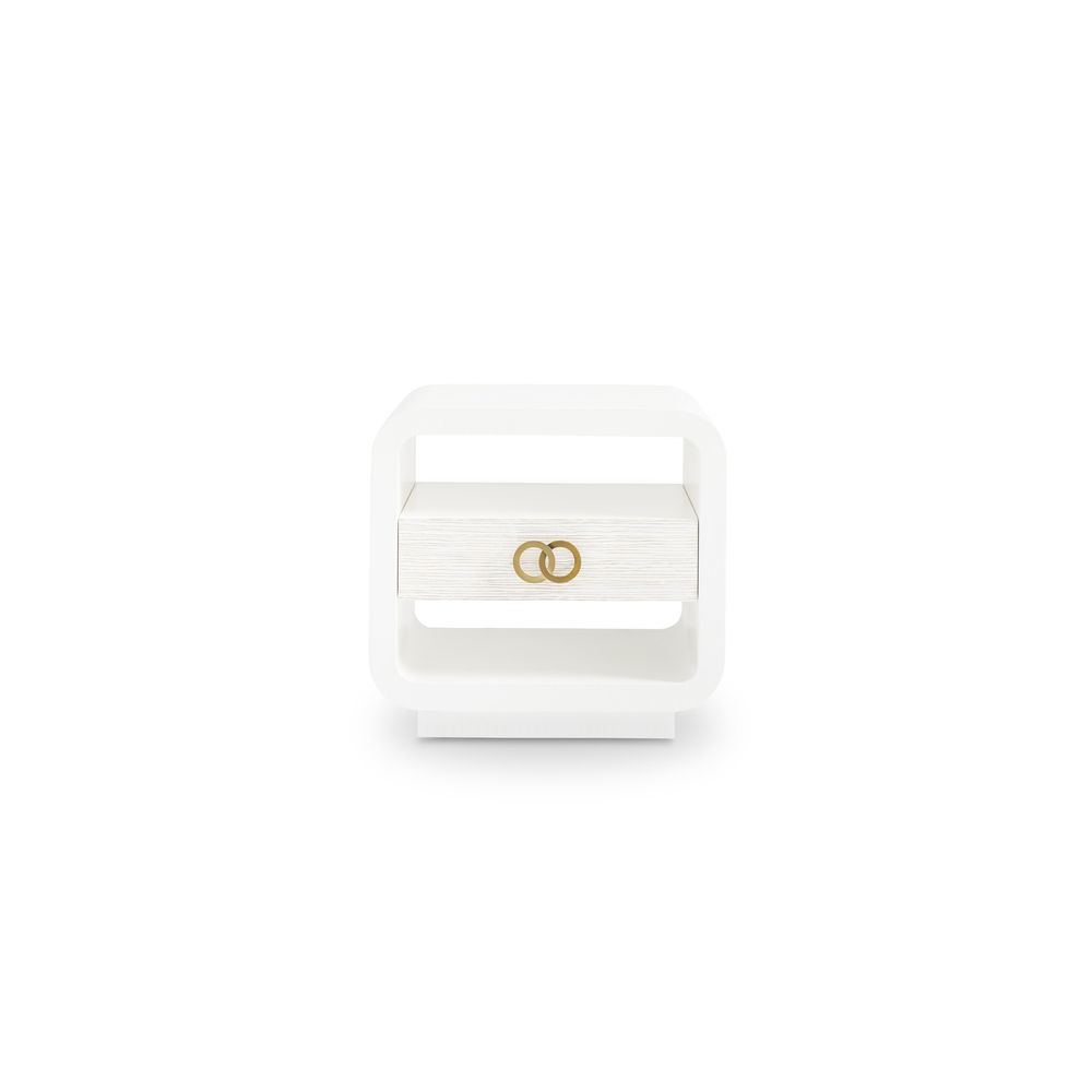 Sienna End Table, shown in white and off-white with linen fabric, wood veneer, and single centered drawer.