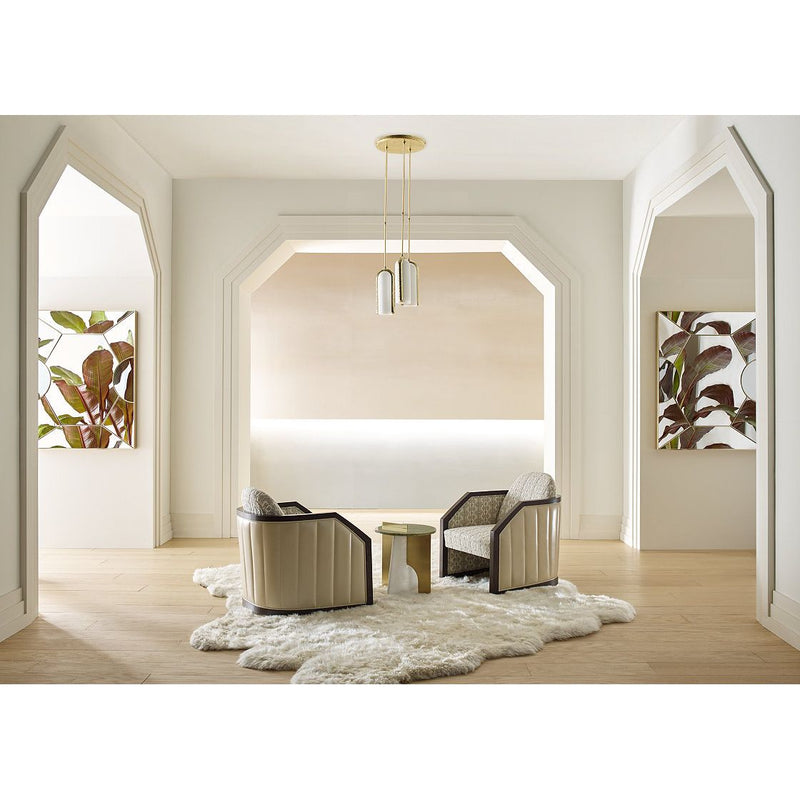 Alternate view of Compañas Pendant, featuring hammered metal finish, brass, glass, and a ceiling-mounted canopy.