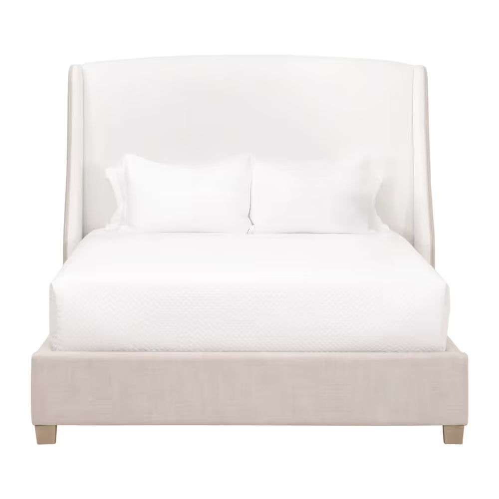 Sloan Bed, shown in white and ivory with upholstery fabric, wood, and tall winged upholstered headboard.