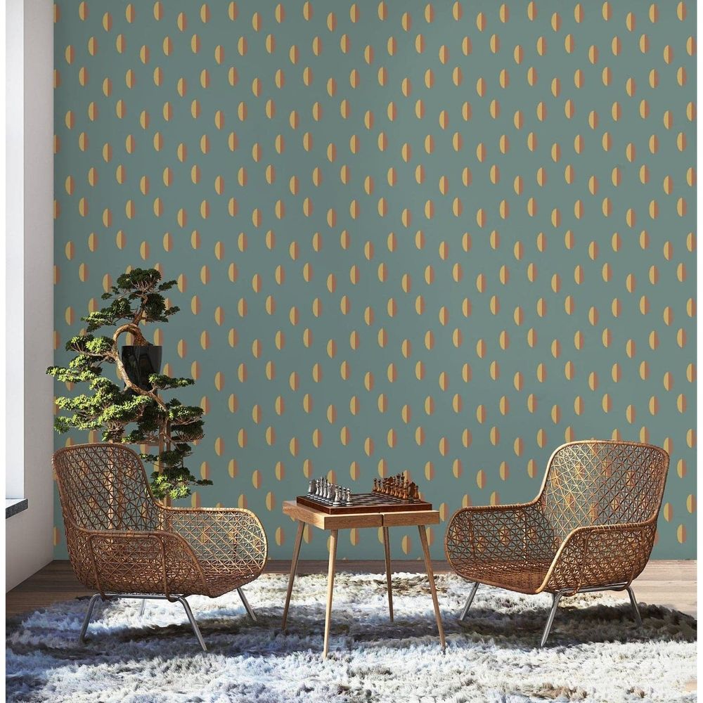 Split Wallpaper, shown in sage green and terracotta with paper and half-drop pattern alignment.