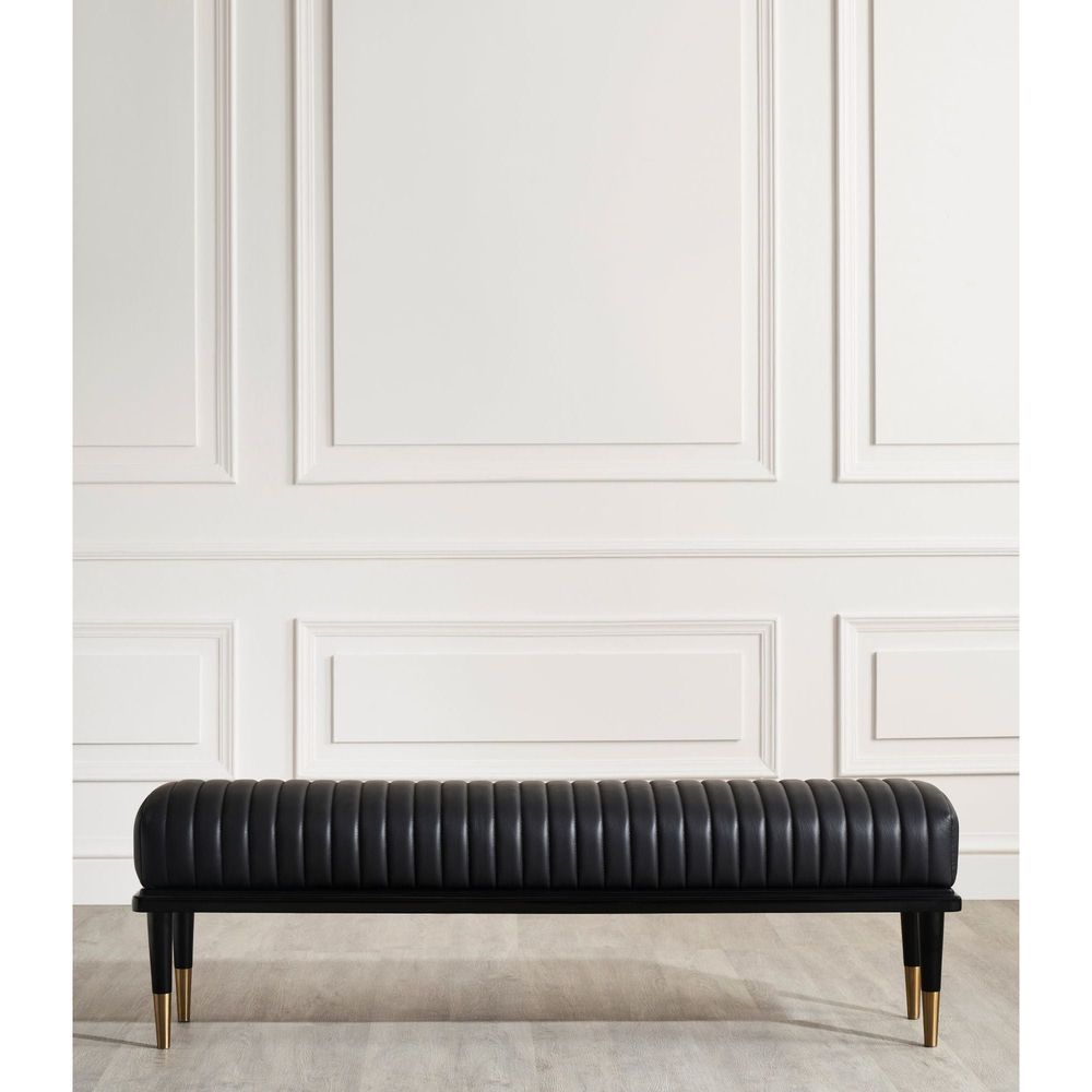 Alternate view of Stanford End-Of-Day Bench, featuring channel tufting finish, leather, wood, and backless bench seating.