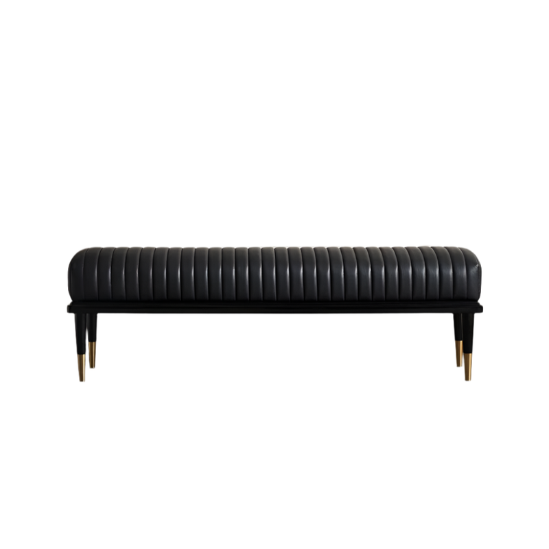 Stanford End-Of-Day Bench, shown in black with leather, wood, and backless bench seating.