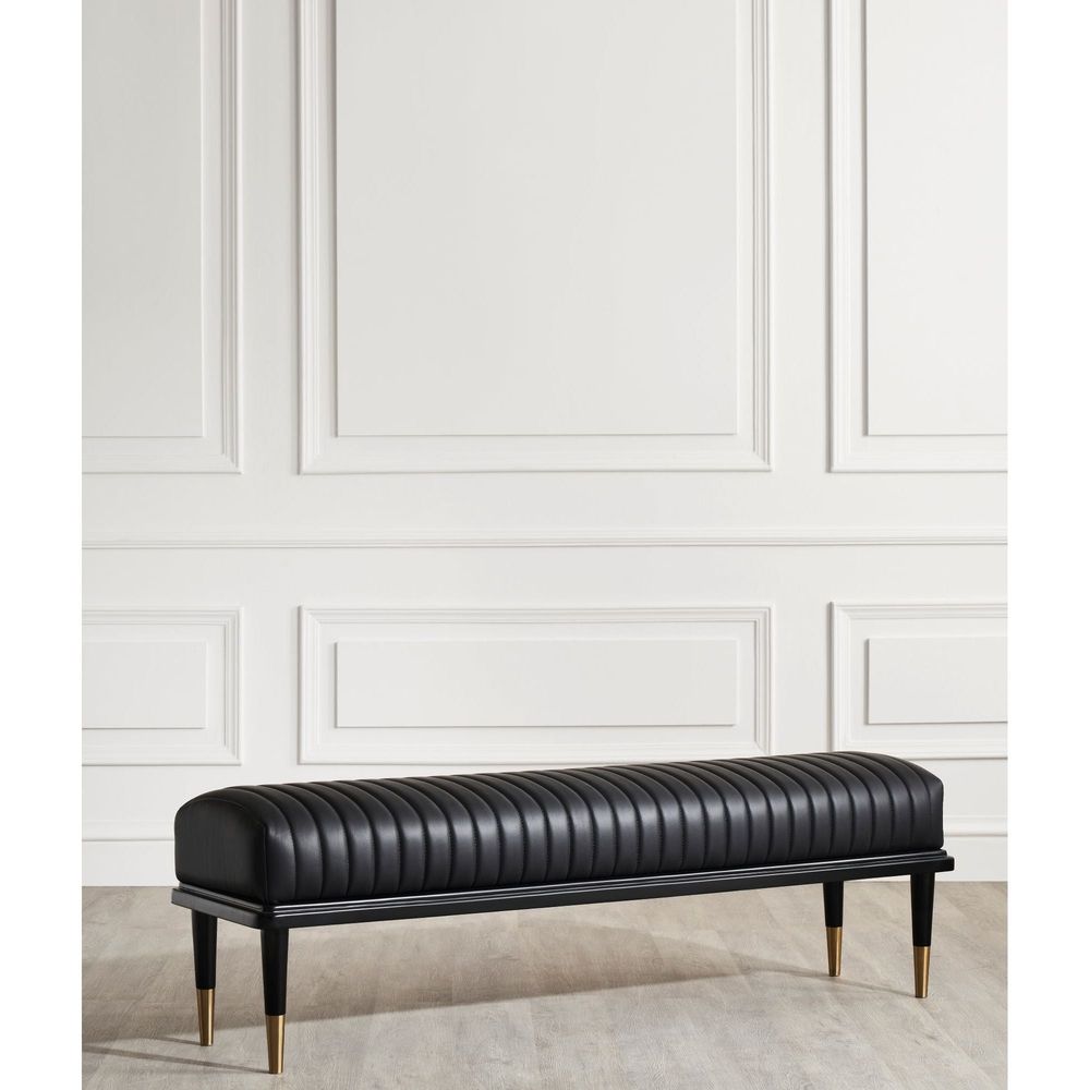 Additional view of Stanford End-Of-Day Bench, featuring channel tufting finish, leather, wood, and backless bench seating.