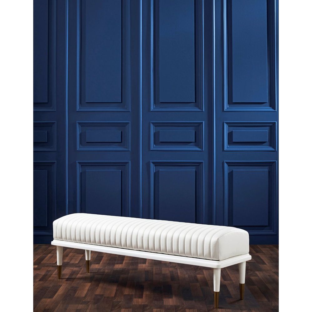 Additional view of Stanford End-Of-Day Bench, featuring channel-tufted finish, leather, wood, and backless armless bench.
