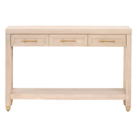 Stella Narrow Console Table, shown in light blonde and warm beige with wood and metal.