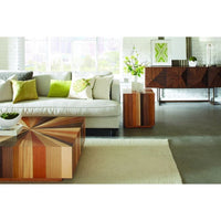 Alternate view of Sun End Table in warm caramel brown and medium oak tan with solid cubic block with radiating sunburst top.
