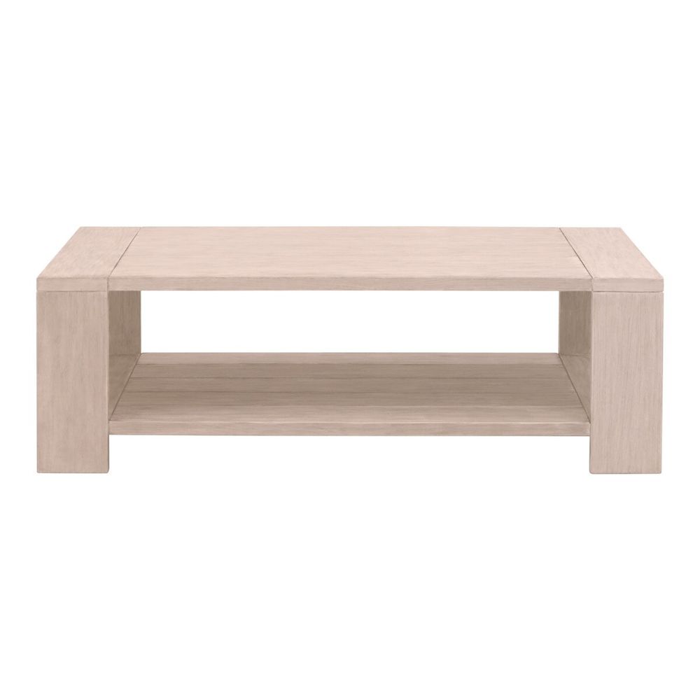 Sur Outdoor Coffee Table, shown in light beige and pale natural wood with wood and integrated lower open shelf.