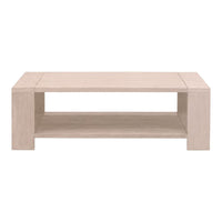 Sur Outdoor Coffee Table, shown in light beige and pale natural wood with wood and integrated lower open shelf.