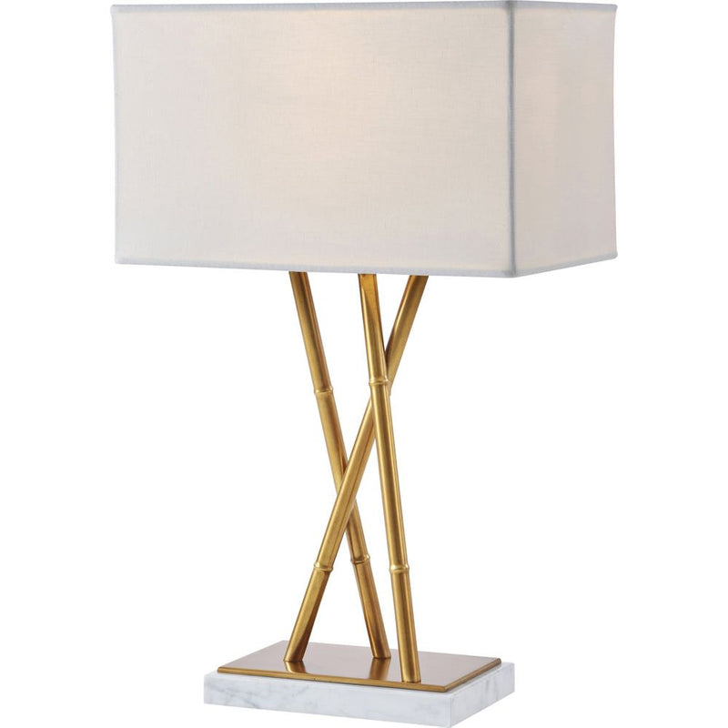 Kesden Trio Table Lamp, shown in ivory and gold with linen, brass, and rectangular fabric shade for diffused ambient light.