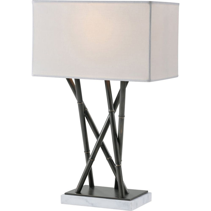 Kesden Cluster Table Lamp, shown in off-white and dark bronze with linen fabric, metal, and freestanding table lamp.