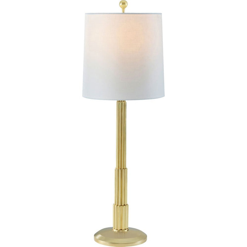 Empire Buffet Lamp, shown in brass gold and off-white with metal, linen fabric, and buffet-height stem.
