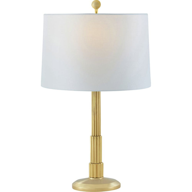 Empire Table Lamp, shown in polished brass gold and white with brass, linen fabric, and a table lamp base.