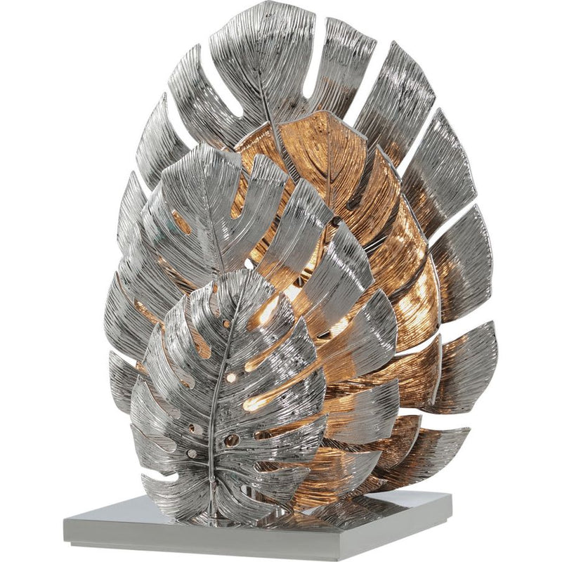 Balazo Accent Lamp, shown in silver and nickel with metal, brass, and integrated internal light source.