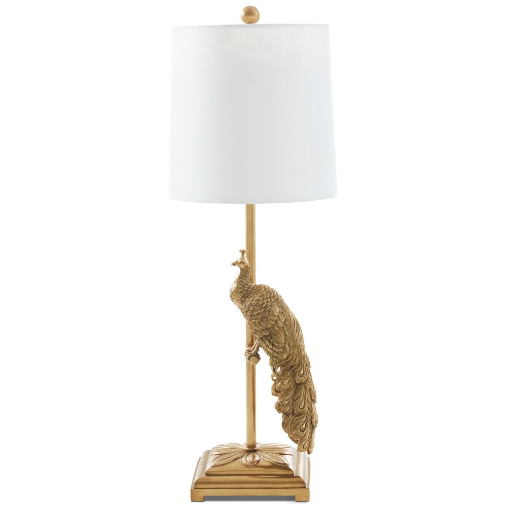 Alternate view of Peacock Table Lamp, featuring matte fabric finish, brass, metal, and a cylindrical fabric drum shade.