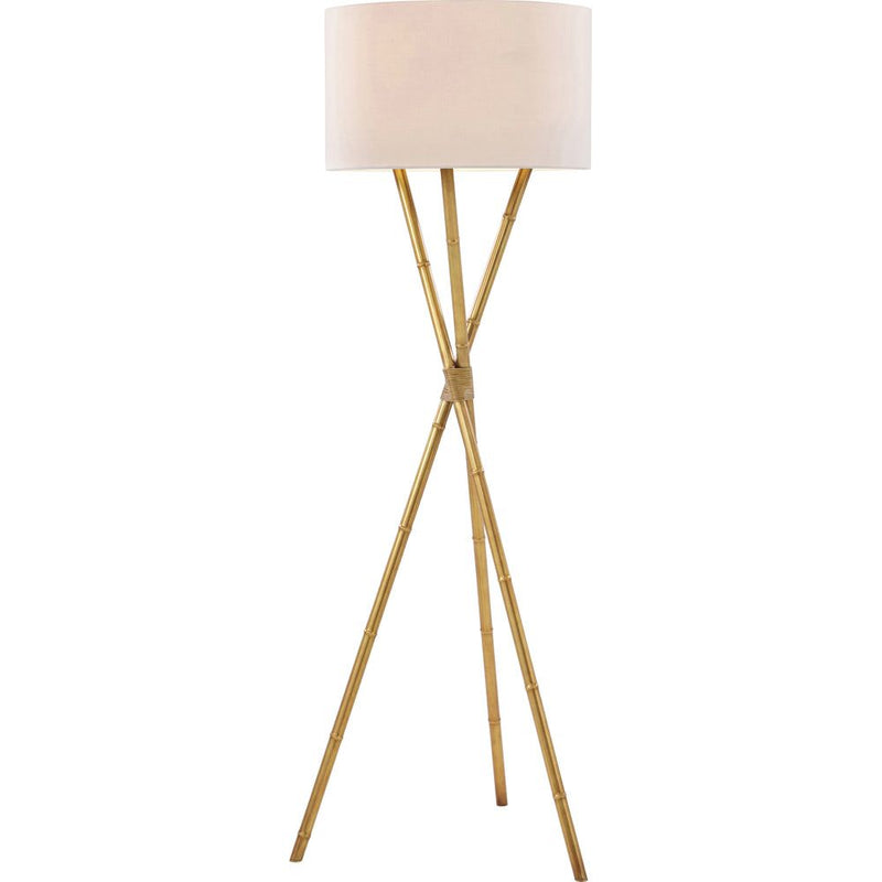 Kesden Trio Floor Lamp, shown in gold and cream with metal, fabric, and a freestanding tripod base.