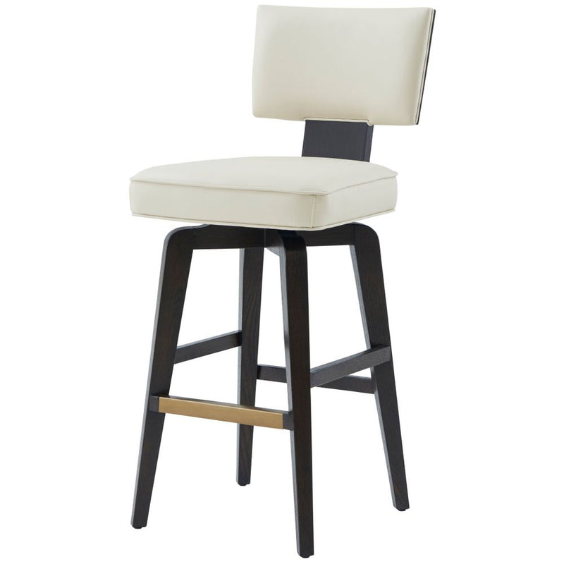 55 Broadway Swivel Bar Stool, shown in ivory and espresso brown with leather, wood, and a swivel base.