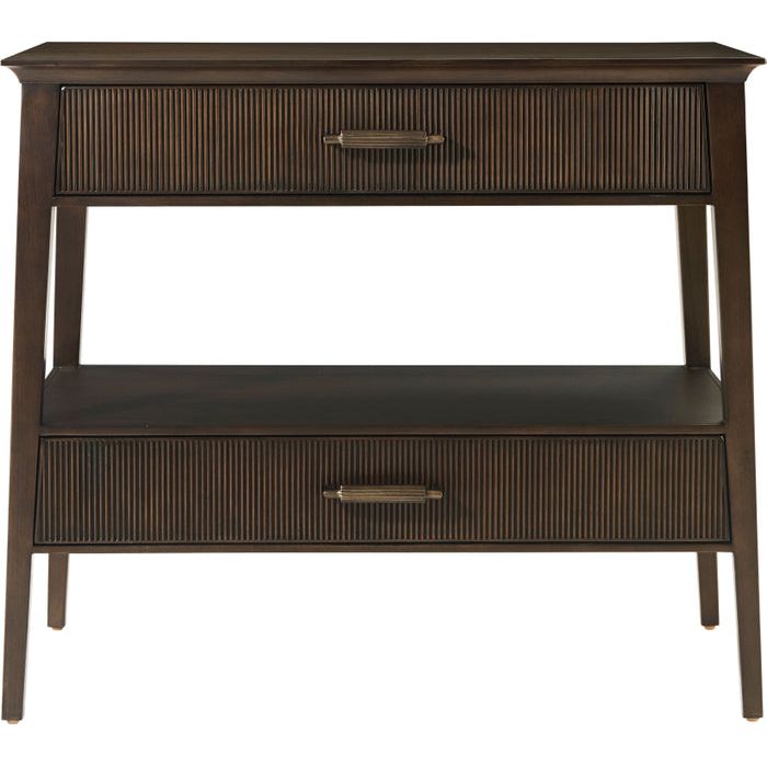 Lido Nightstand III, shown in dark brown and espresso brown with wood, metal, and two full-width drawers with centered pulls.