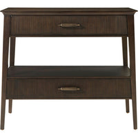Lido Nightstand III, shown in dark brown and espresso brown with wood, metal, and two full-width drawers with centered pulls.