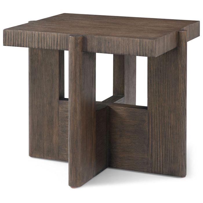 Urbane Side Table, shown in medium brown and warm taupe-brown with wood, pine, and open lower shelf/compartment.