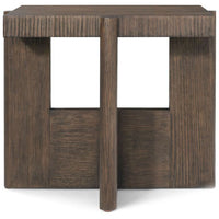 Alternate view of Urbane Side Table, featuring wire-brushed finish, wood, pine, and open lower shelf/compartment.