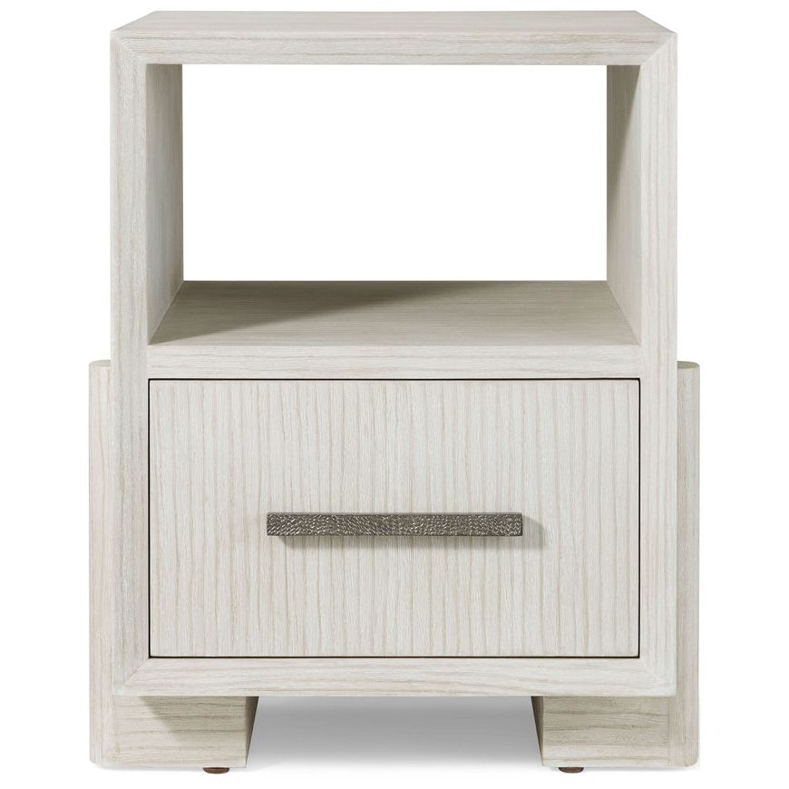 Urbane Single Drawer Nightstand, shown in light beige and off-white with wood, metal, and open upper shelf cubby.