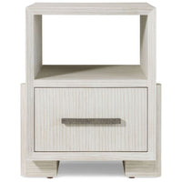 Urbane Single Drawer Nightstand, shown in light beige and off-white with wood, metal, and open upper shelf cubby.