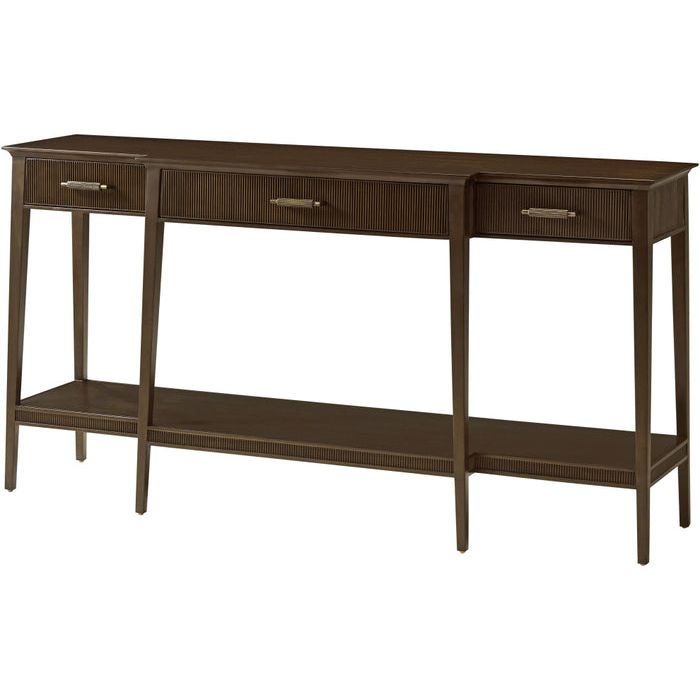 Lido Console II, shown in dark brown with wood, metal, and three drawers.