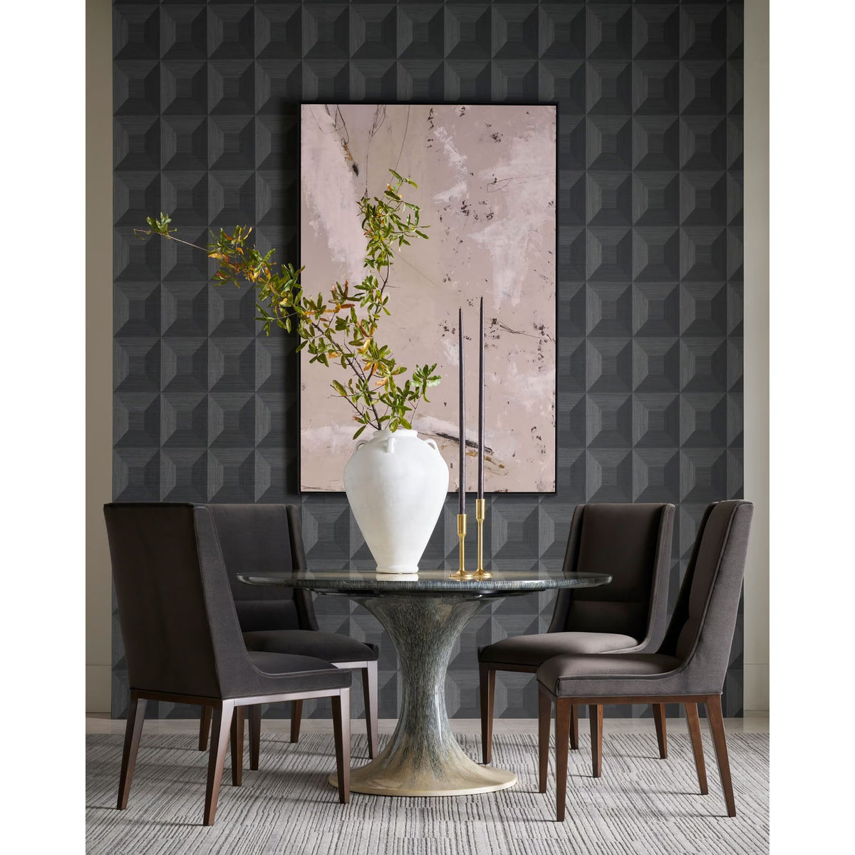 Additional view of Panos Dining Table in charcoal and black, featuring hand-painted ombre finish and a single pedestal base.