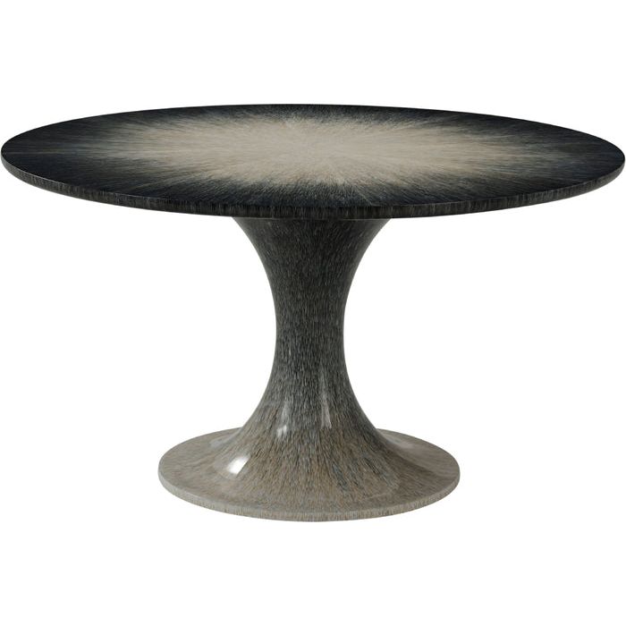 Panos Dining Table, shown in charcoal and black with wood and a single pedestal base.