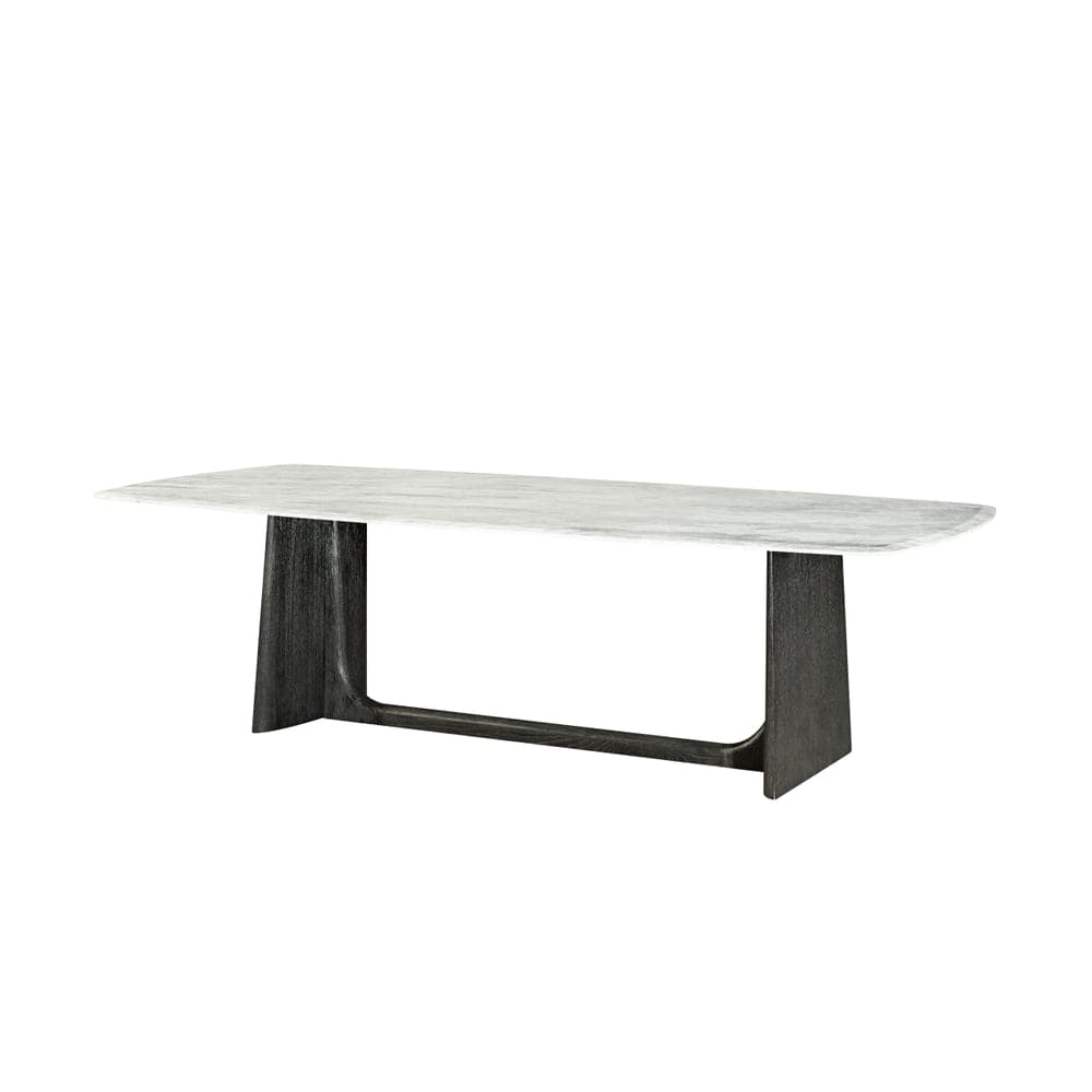 Repose Rectangular Dining Table, shown in ivory white and charcoal gray with engineered quartz and solid wood.