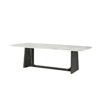 Repose Rectangular Dining Table, shown in ivory white and charcoal gray with engineered quartz and solid wood.