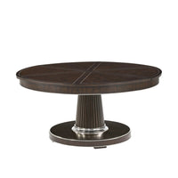 Spencer London Jupe Dining Table, shown in dark brown and espresso with wood, metal, and a central pedestal base.