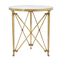 Spencer London Round Brass Center Table, shown in white and gold with marble, brass, and a round inset marble top.