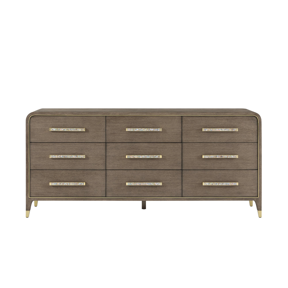 Judith Leiber 9-Drawer Dresser, shown in warm taupe brown and brushed gold with wood and metal.