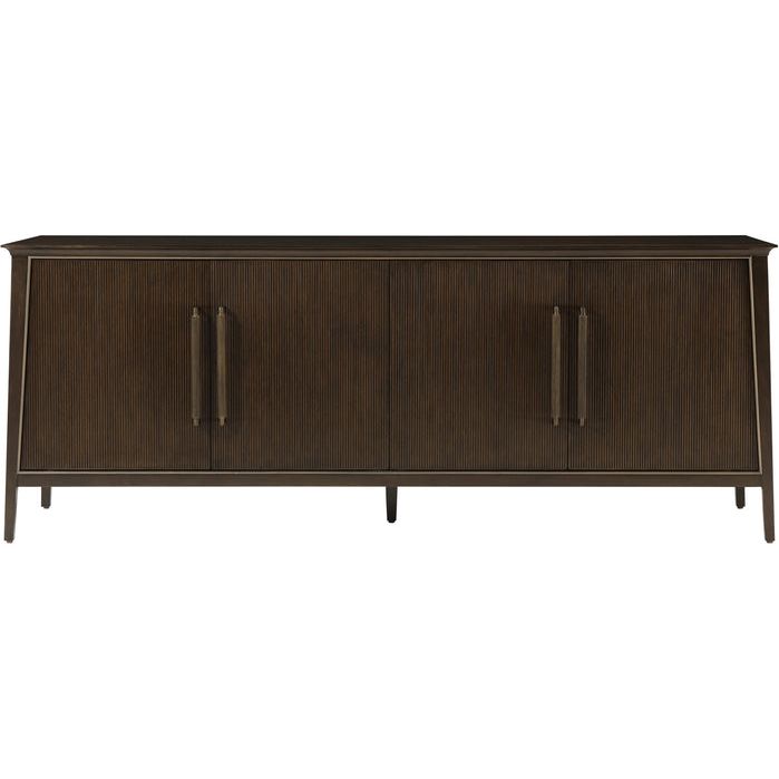 Lido Credenza, shown in dark espresso brown and bistre brown with wood, forged metal, and four-door enclosed storage.