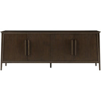 Lido Credenza, shown in dark espresso brown and bistre brown with wood, forged metal, and four-door enclosed storage.