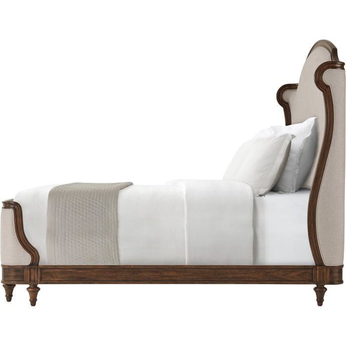 Alternate view of The Madeleine Bed in warm beige and medium walnut brown.