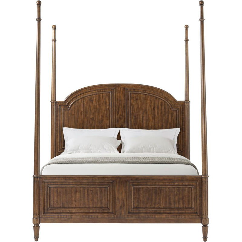 The Vale US Queen Bed, shown in medium warm brown and chestnut brown with wood, beech, and four tall freestanding posts.
