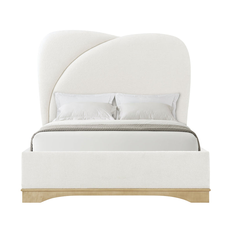 Origins California King Bed, shown in ivory white and cream with upholstery fabric and bouclé or textured textile.