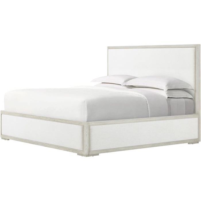 Surrey US Queen Upholstery Bed, shown in white and light gray with wood, upholstery fabric, and upholstered headboard panel.