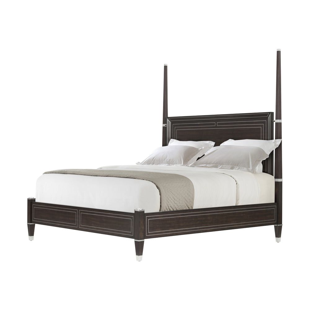 Alternate view of Spencer London US Queen Poster Bed, featuring inlaid linear trim, wood, metal, and four tall poster posts.