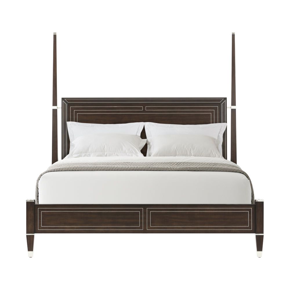 Spencer London US Queen Poster Bed, shown in dark brown and espresso with wood, metal, and four tall poster posts.