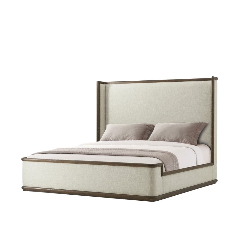 Alternate view of Catalina Upholstered King Bed in warm beige and light taupe.