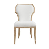 Tally Dining Chair With Curved Angle Back, shown in white and light natural wood with wood, fabric, and a armless frame.