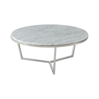 Small Fisher Round Cocktail Table (Marble), shown in white and grey with marble, metal, and a tripod base.