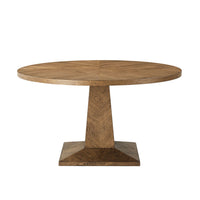 Nova Dining Table, shown in medium brown and warm oak with oak veneer, solid wood, and fixed pedestal base.