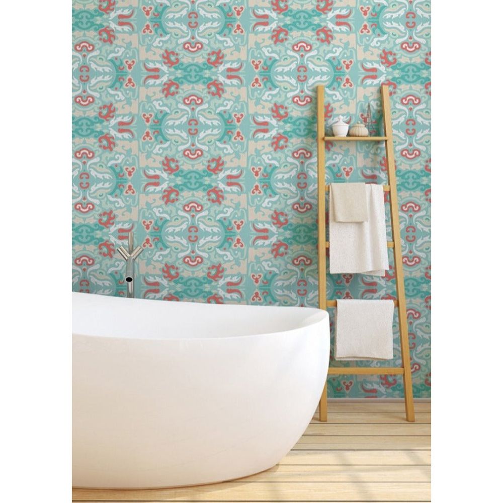 Foo You Looking At Wallpaper, shown in teal and coral red with paper and continuous wall covering.