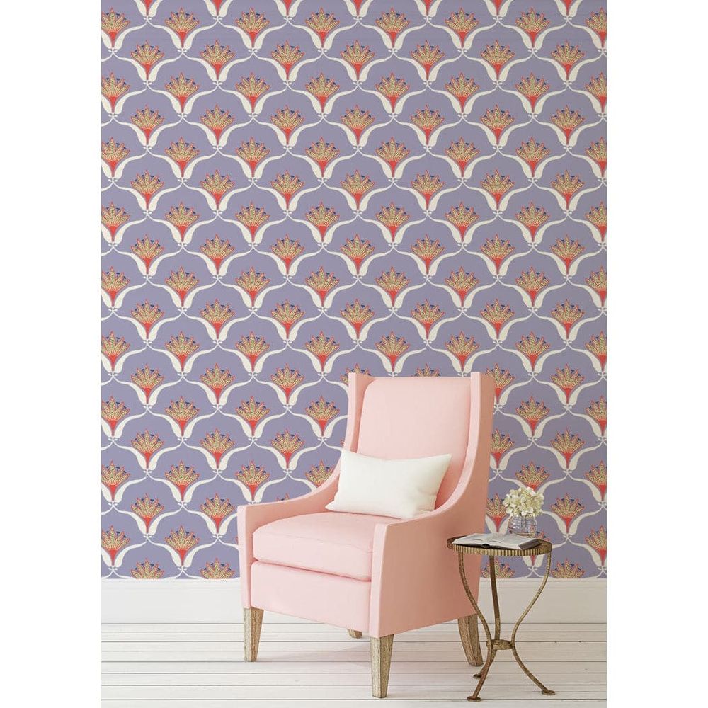Wallflower Wallpaper, shown in lavender and sky blue with paper, printed substrate, and continuous wall-covering sheet.